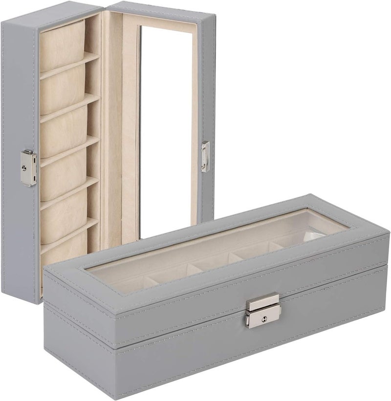 NEX Watch Case, 6 Slot Leather Watch Box Display Case Organizer Glass Jewelry Storage - Image 5